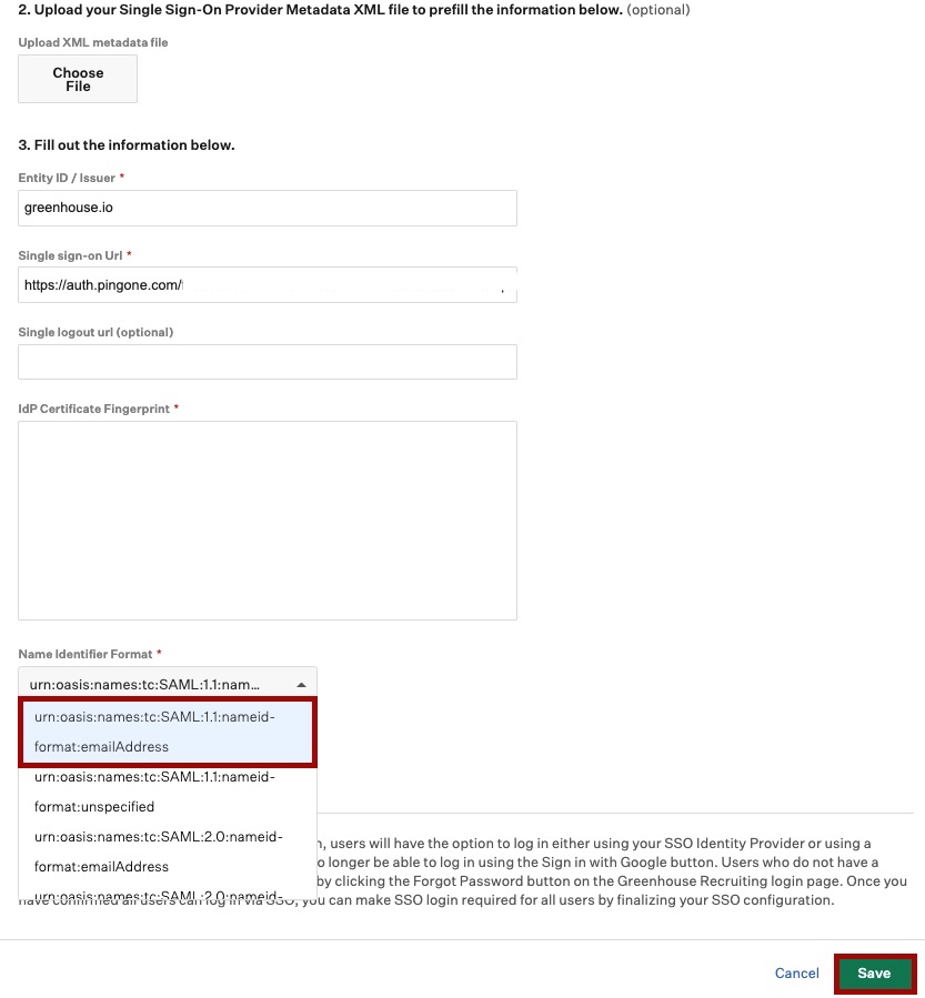 Screen capture of Greenhouse SSO Metadata section with the Name Identifier Format list and Save button highlighted in red.