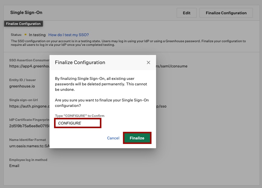 Screen capture of Greenhouse SSO Configuration settings with Configure and Finalize highlighted in red.