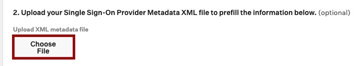 Screen capture of Greenhouse SSO metadata XML file section with Choose File highlighted in red.