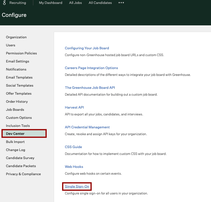 Screen capture of Greenhouse Configure section with Dev Center and Single Sign-On highlighted in red.