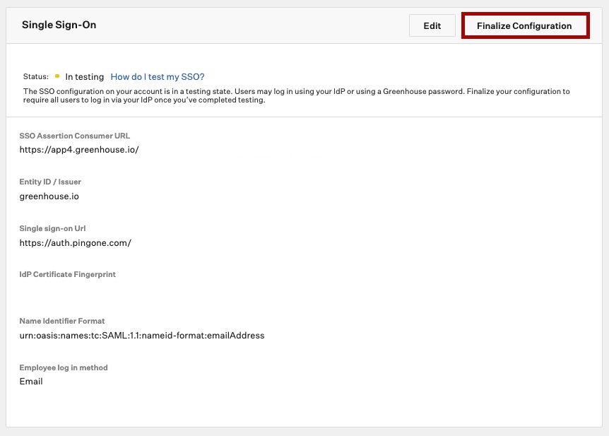 Screen capture of Greenhouse SSO Configuration settings with Finalize Configuration highlighted in red.