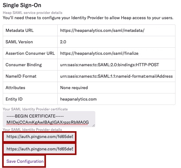 Screen capture of Heap SAML Identity Provider details highlighted in red, as well as Save Configuration.