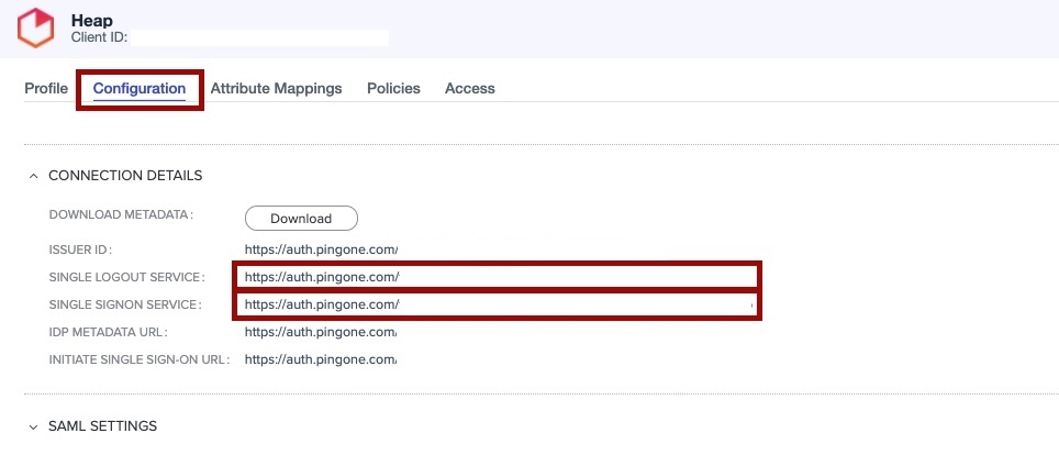 Screen capture of application with Heap selected and Configuration, Single Logout Service, and Single Signon Service fields highlighted in red.