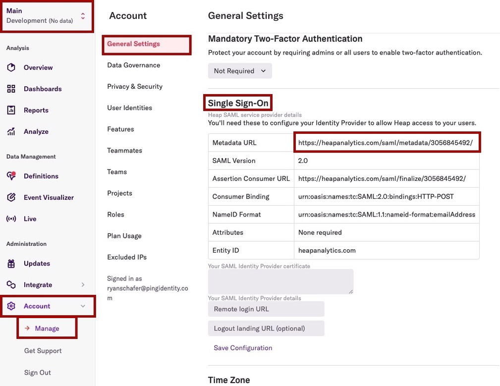 Screen capture of Heap SSO Configuration general settings with Main, General Settings, Account, Manage, SSO, and the Metadata URL highlighted in red.