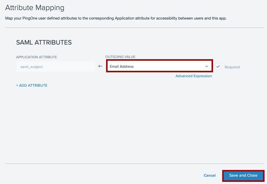 Screen capture of SAML Attribute mapping section with Email Address and Save and Close highlighted in red.