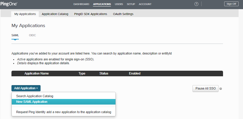 Screen capture of the PingOne for Enterprise My Applications page, the SAML tab is selected and New SAML Application is selected in the Add Application list.