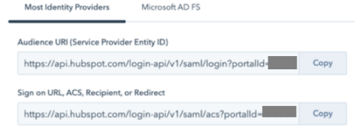 Screen capture of HubSpot Audience URI (Service Provider Entity ID) and Sign on URL, ACS, Recipient, or Redirect fields with option to copy.