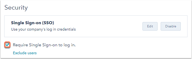 Screen capture of HubSpot Security Single Sign-on (SSO) section with Require Single Sign-on to log in checked and highlighted in red.