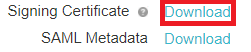 Screen capture of PingOne for Enterprise Signing Certificate Download link highlighted in red.