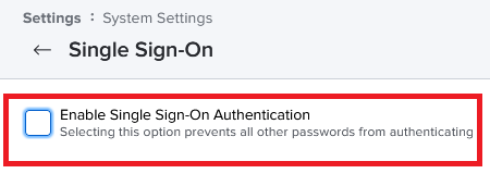 Screen capture of the Jamf Pro console with the Enable Single Sign-On Authentication check box highlighted in red.