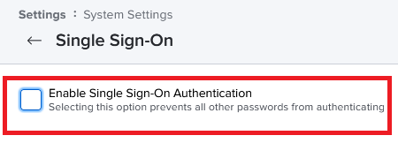 Screen capture of the Jamf Pro console with the Enable Single Sign-On Authentication check box highlighted in red.
