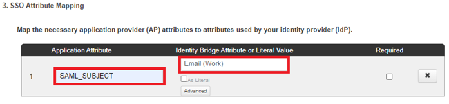 Screen capture of the SSO Attribute Mapping section with the Application Attribute and the Identity Bridge Attribute or Literal Value fields highlighted in red.