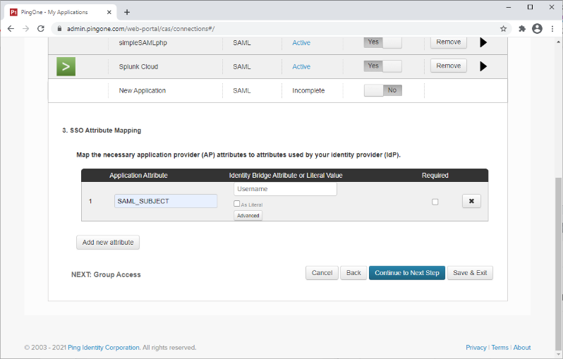 Screen capture of PingOne for Enterprise SSO Attribute Mapping section with SAML_SUBJECT input as the Application Attribute.