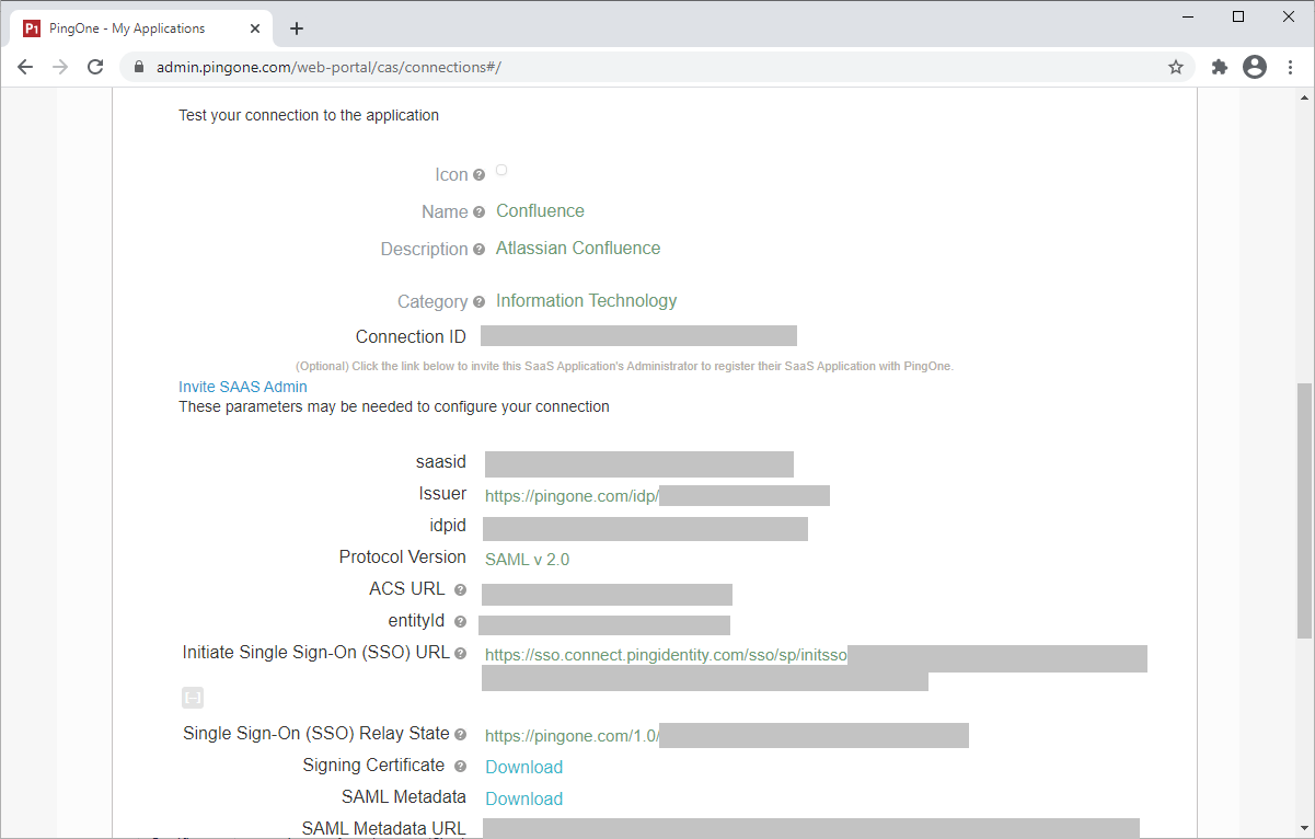 Screen capture of PingOne for Enterprise application connection test page.