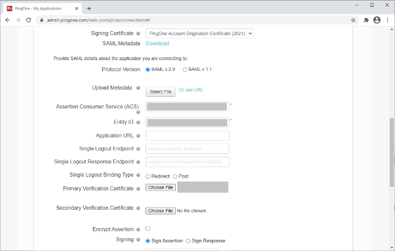 Screen capture of PingOne for Enterprise Signing Certificate section with PingOne for Enterprise Account Origination Certificate (2021) selected from the drop down list.