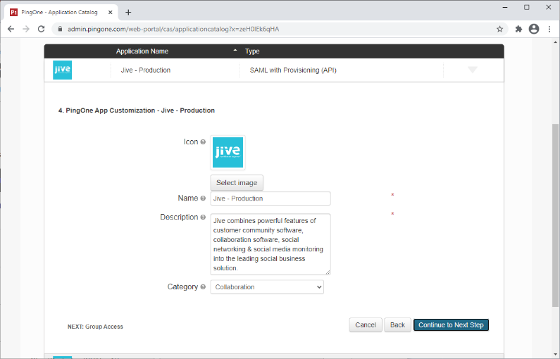 Screen capture of PingOne for Enterprise App Customization settings for Jive - Production.