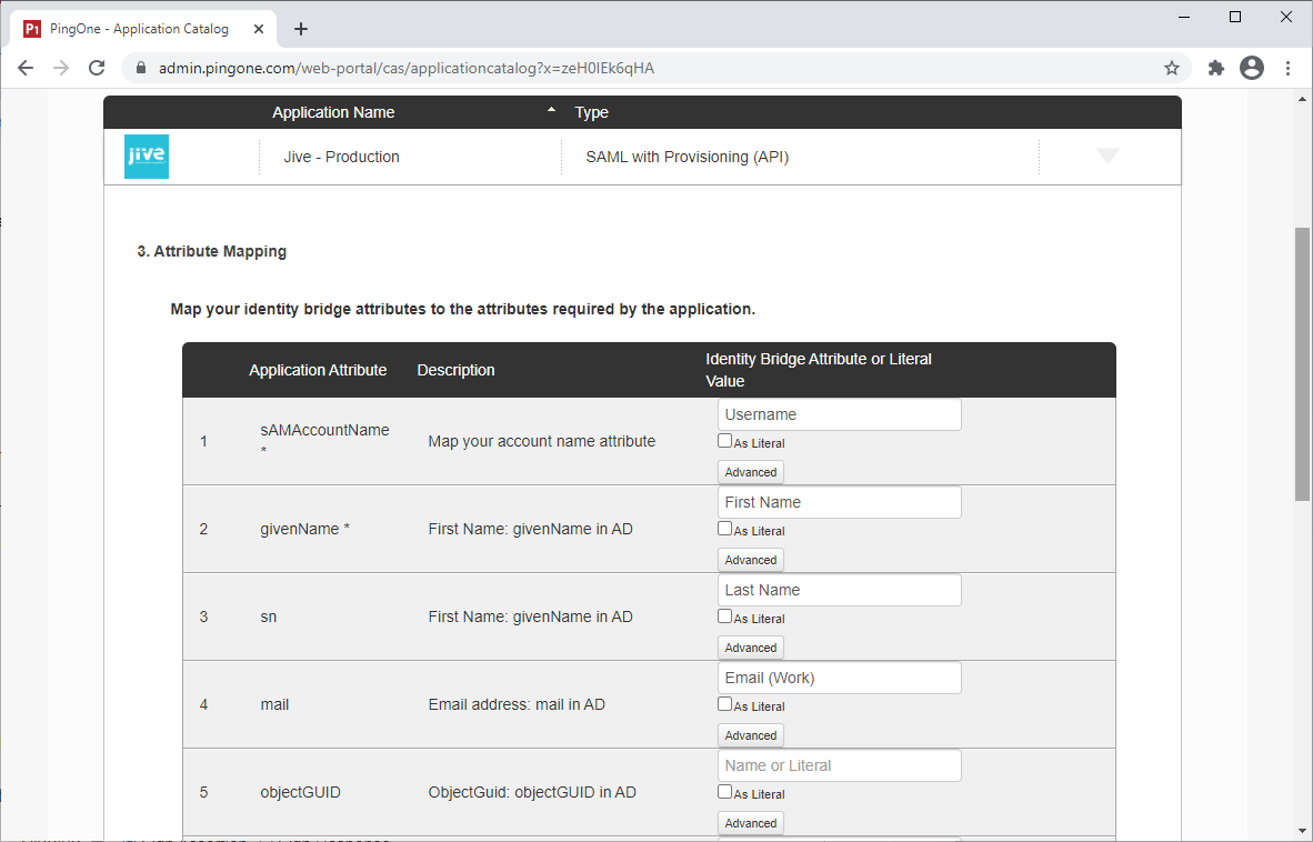 Screen capture of PingOne for Enterprise Attribute Mapping section with sAMAccountName, givenName, sn, mail, and objectGUID listed as application attributes.