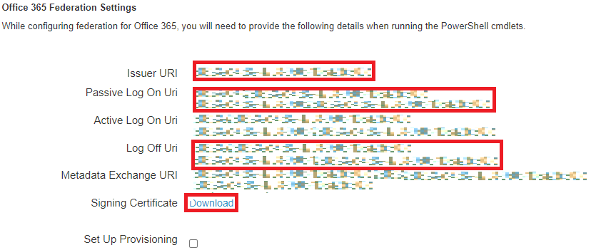 Screen capture of the PingOne for Enterprise Microsoft 365 Federation Settings with the fields for Issuer URI, Passive Log On URI, Log Off URI, and Signing Certificate Download hyperlink highlighted in red.