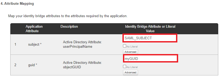 Screen capture of PingOne for Enterprise Attribute Mapping section with the SAML_SUBJECT and myGUID fields in the Identity Bridge Attribute or Literal Value column and subject * and guid * rows highlighted in red.