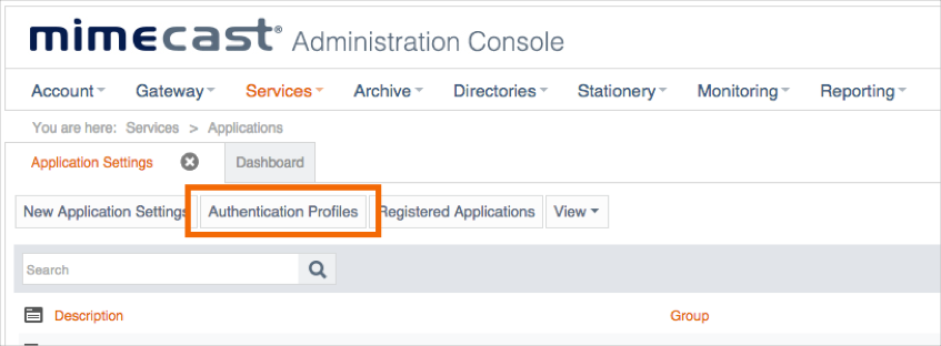 Screen capture of Mimecast administration console with Authentication Profiles highlighted.