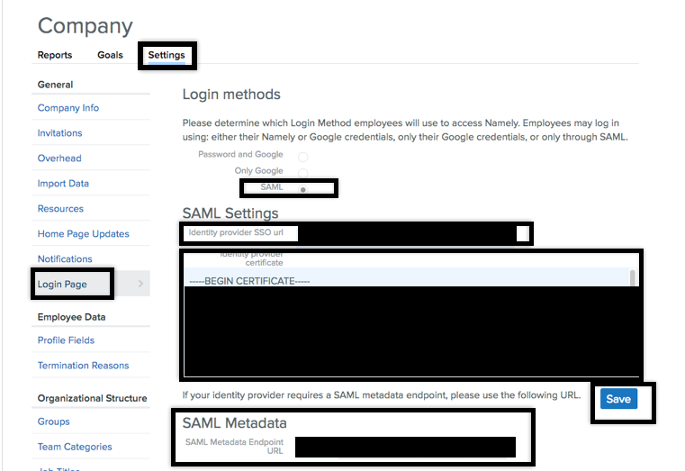 Screen capture of Namely Company page detailing SAML settings.