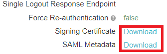 Screen capture of the Single Logout Response Endpoint section with the Signing Certificate and SAML Metadata Download buttons highlighted in red.