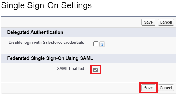 Screen capture of the Salesforce Single Sign-On Settings with the SAML enabled checkbox and the Save button highlighted in red.