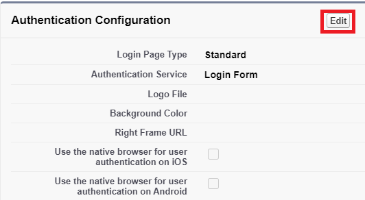 Screen capture of the Salesforce Authentication Configuration page with the Edit button highlighted in red.