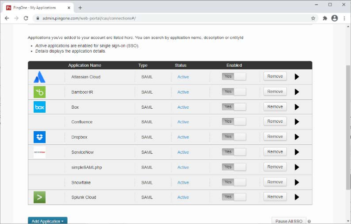 A screen capture of the My Applications section. The section introduction is Applications you’ve added to your account are listed here. You can search by application name, description or entity ID. A bulleted list of 2 sentences follow: Active applications are enabled for single sign-on (SSO) and Details displays the application details. Below this is a list of all the added applications, listed by application icon, Application Name, Type, Status, Enabled, which is a toggle switch, and the Remove button with a setup icon, which is a black triangle turned to the right. At the bottom of the section, on the left side is the Add Application button, and on the right side is the Pause All SSO button.