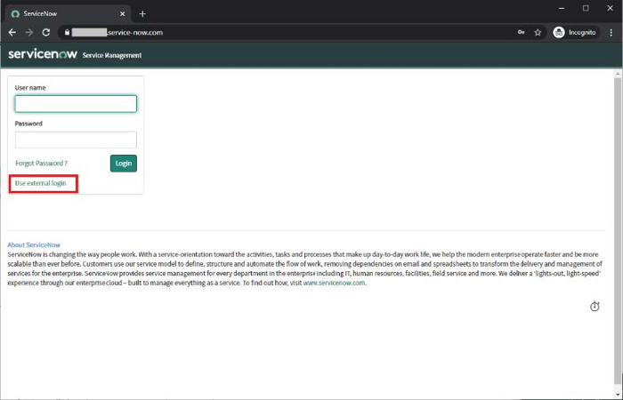 A screen capture of the ServiceNow sign on page. There are the Username and Password fields, a Login button, and a Use external login link, which is highlighted.