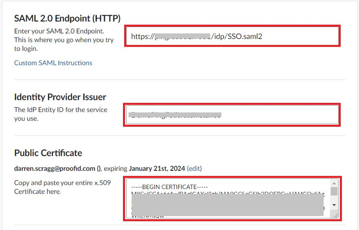 Screen capture showing the SAML configuration with the Identity Provider Issuer, PingFederate signing certificate, and Public Certificate fields where you paste the contents as described in the steps.