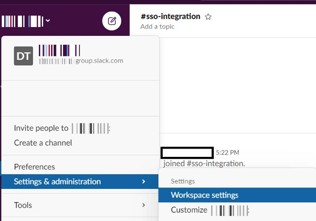 Screen capture showing how to select Workspace settings in the Settings and administration menu.