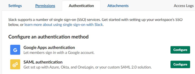 Screen capture of the Authentication tab, in the Configure an authentication method section. There are options for Google Apps authentication and SAML authentication. Each authentication option has a Configure button.