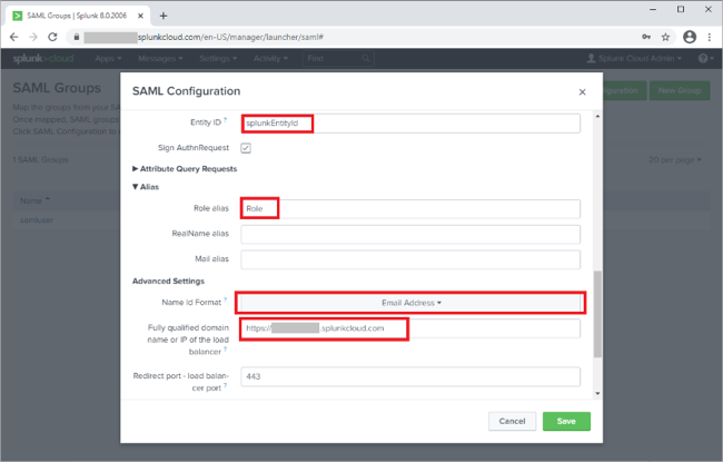 Screen capture of the SAML Configuration window in Splunk Cloud with the Entity ID field, the Role alias field, the Name Id Format field, and the Fully qualified domain name or IP of the load balancer field highlighted in red.