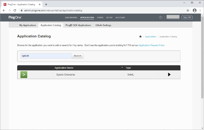 Screen capture of the Applications Catalog in with the search results for Splunk showing the Splunk Enterprise application.