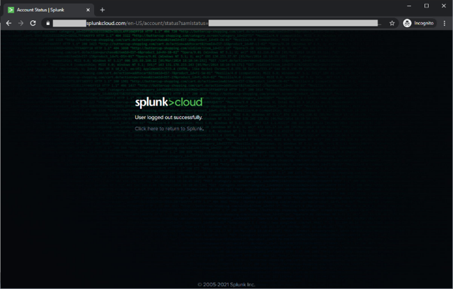 Screen capture of the Splunk Cloud screen showing the user account successfully logged out.