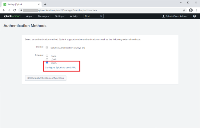 Screen capture illustrating the Authentication Methods section of Splunk Cloud, with the option to Configure Splunk to use SAML highlighted in red.