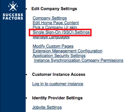 Screen capture of SuccessFactors Edit Company Settings with Single Sign-On (SSO) Settings highlighted in red.