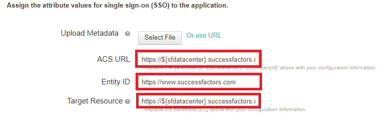 Screen capture of SSO attribute values with the fields for ACS URL, Entity ID, and Target Resource all highlighted in red.