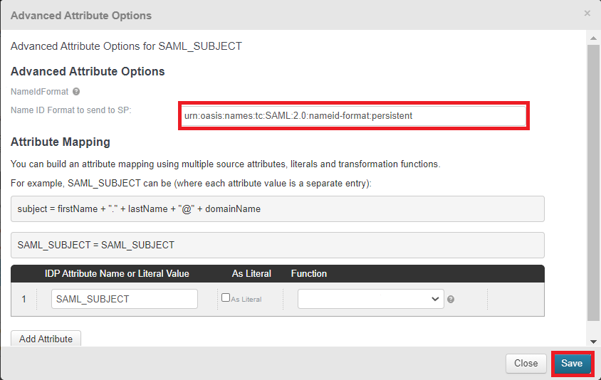 Screen capture of Advanced Attribute Options with the field for Name ID Format to send to SP highlighted in red, as well as the Save button at the bottom of the screen.