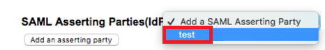 Screen capture of SuccessFactors SAML Asserting Parties(IdP) dropdown menu with test selected and highlighted in red.