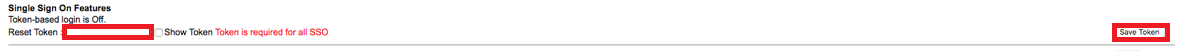 Screen capture of SuccessFactors Single Sign On Features section with the Reset Token field and Save Token hyperlink both highlighted in red. Token is required for all SSO also appears as red text.