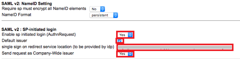 Screen capture of SuccessFactors SAML v2 : SP-initiated login section with all fields highlighted in red.