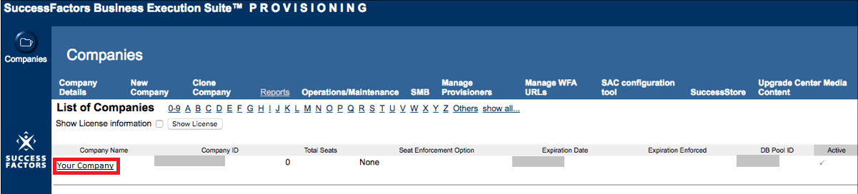 Screen capture of SuccessFactors Companies List with Your Company highlighted in red.
