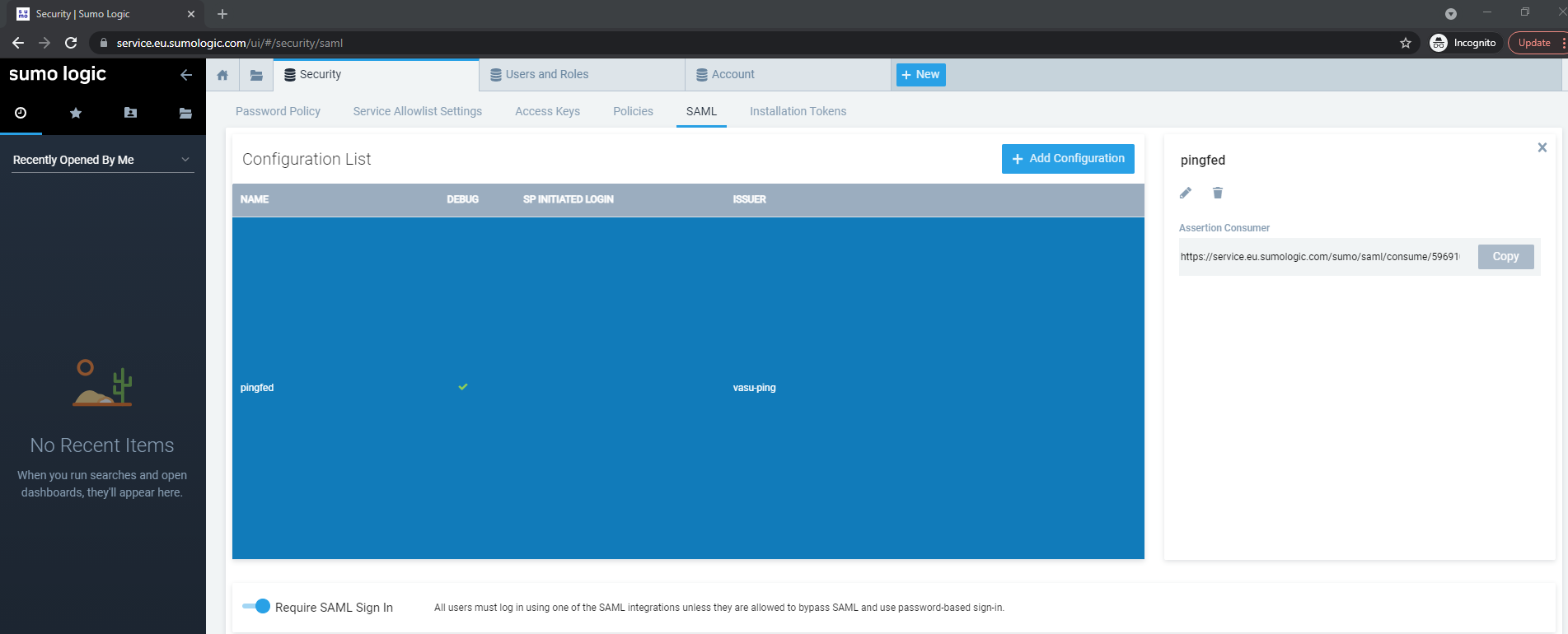 Screen capture of the SumoLogic Configuration List page with pingfed selected.