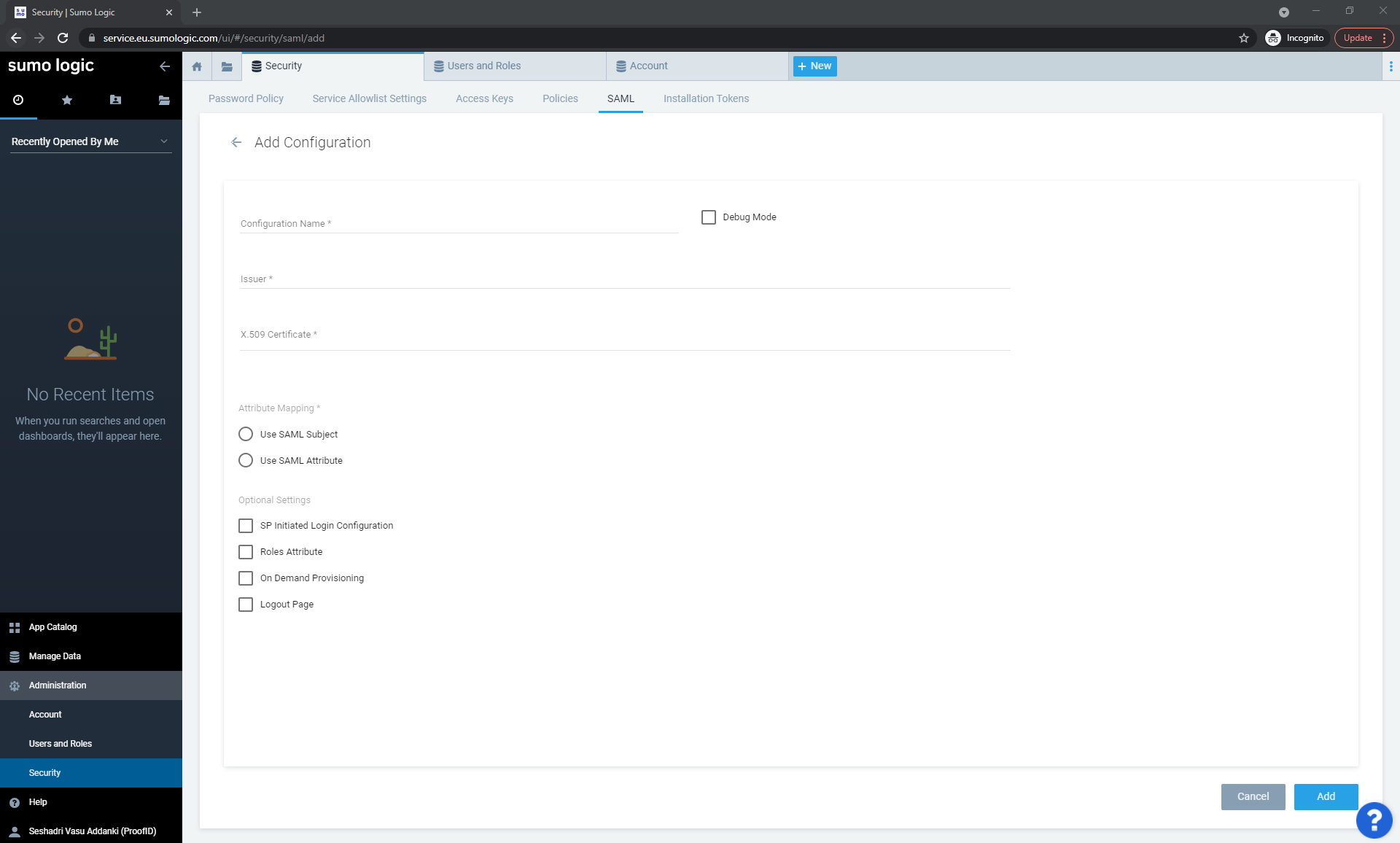 Screen capture of SumoLogic Add Configuration page.