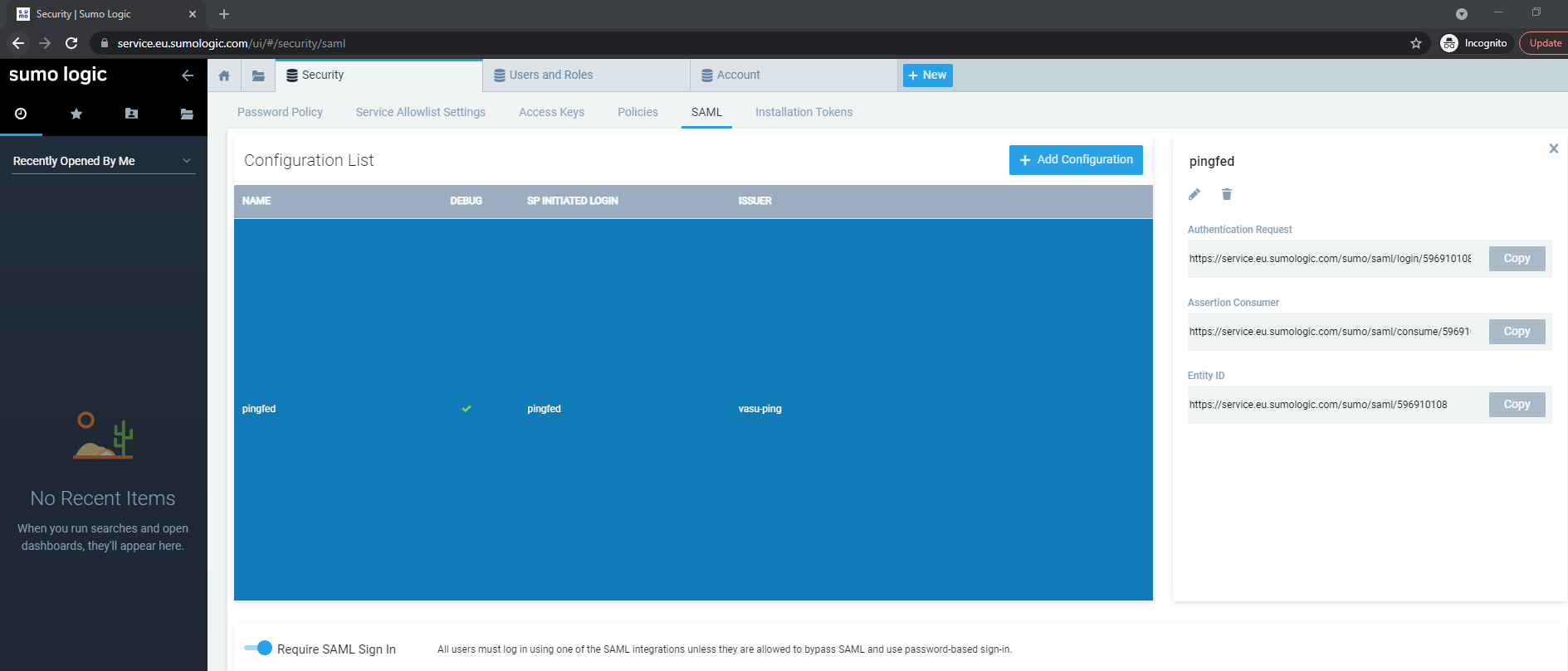 Screen capture of SumoLogic Configuration List page with the pingfed URL values on the right side of the page.