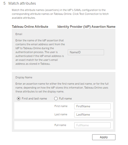 Screen capture of Tableau Online Attribute page with Email and Display Name attributes shown.