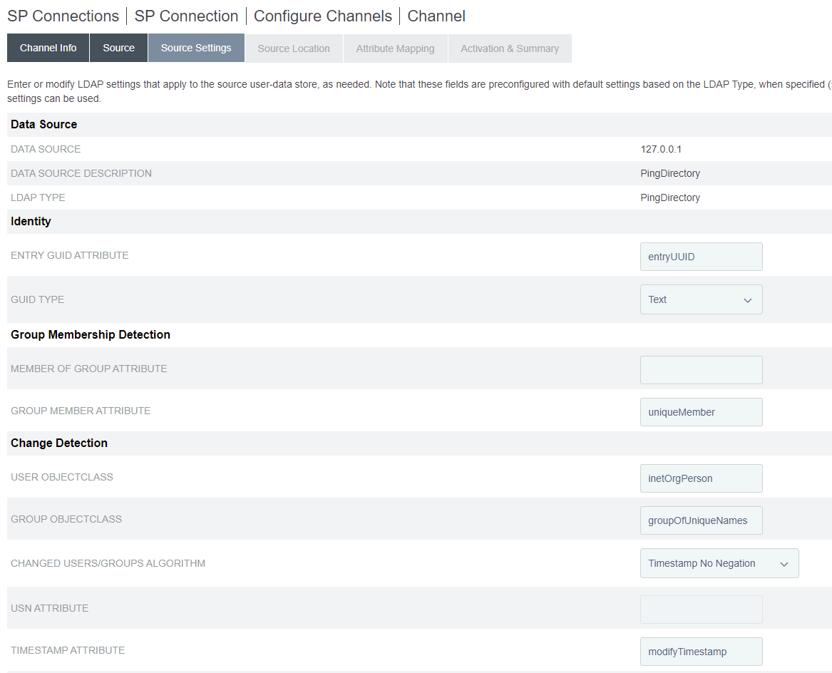 Screen capture of PingFederate SP Connection channel data store source settings.