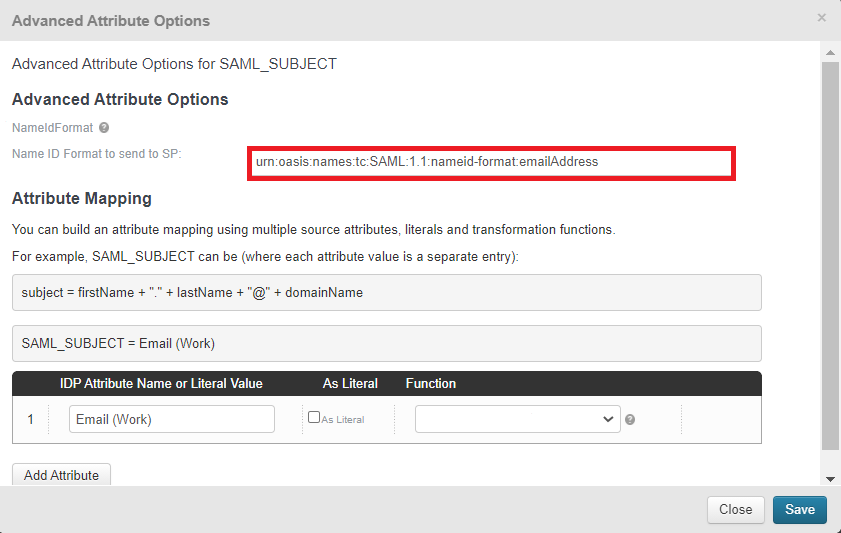 Screen capture of PingOne for Enterprise Advanced Attribute options with the Name ID Format to send to SP field highlighted in red.